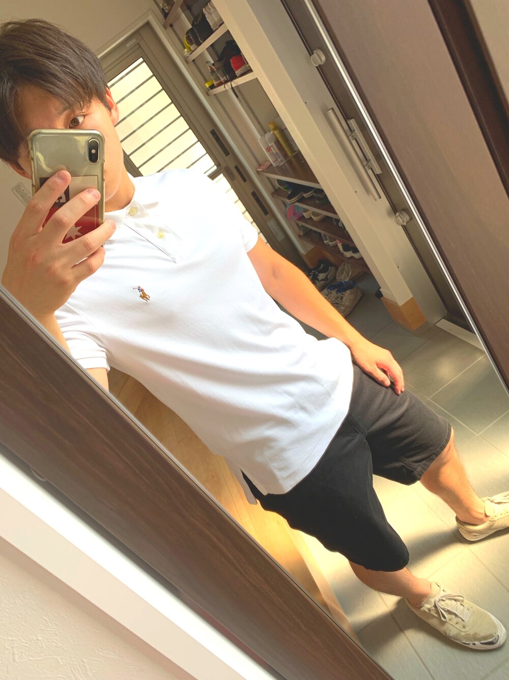 「シンプルコーデ、ポロシャツ、Polo Ralph Lauren、タンパンスタイル、cons、夏、GU」｜「POLO RALPH LAURENのPolo Ralph Lauren - スリムフィット ポロシャツ - men - コットン - XL（ポロシャツ、ホワイト系）」を使った、こうきさん（メンズ・169cm）の夏コーディネートの1枚目の写真
