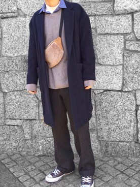 「チャックテイラー」｜「アイテム（チェスターコート）」を使った、SHINさん（メンズ・174cm）の冬コーディネート