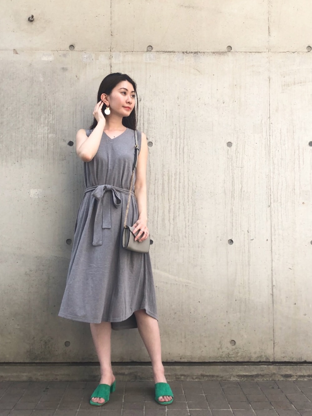 「オトナカジュアル、楽チンコーデ、カジュアルコーデ、summer、ラフ、outfit、ootd、ワンピース、DRWCYS、ドロシーズ(DRWCYS)」｜「Carmen Salasのアイテム（サンダル、グリーン系）」を使った、DRWCYS・PR 生駒典子さん（レディース・159cm）の夏コーディネートの1枚目の写真