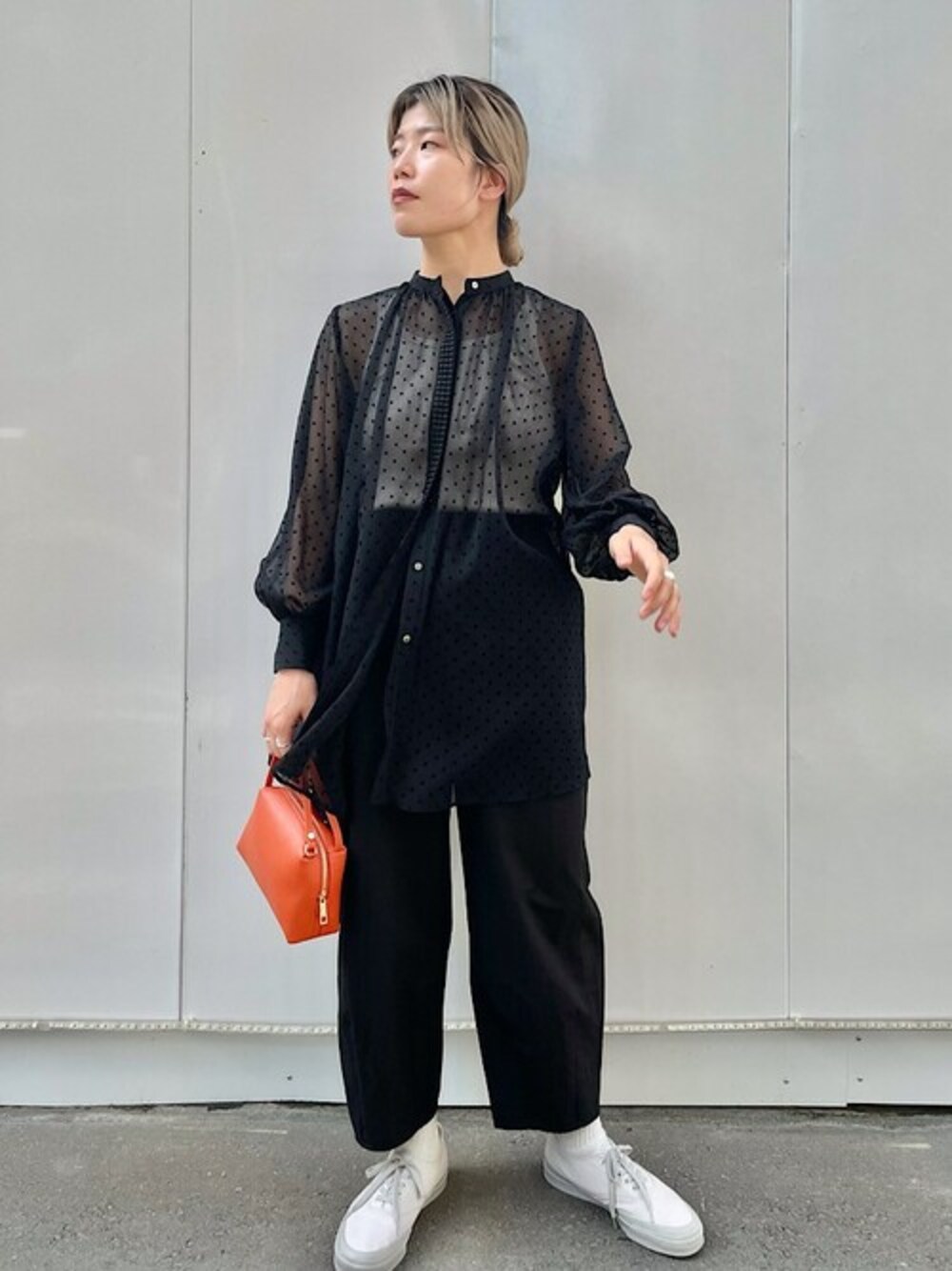 136t*美品 シップス 0 x ones ドットフロッキー楊柳ブラウス 