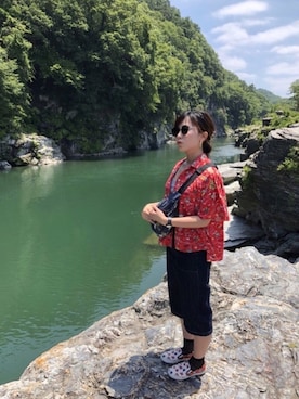 「アイテム（メッセンジャーバッグ、ブルー系）」を使った、mayuuuさん（レディース・153cm）の夏コーディネート