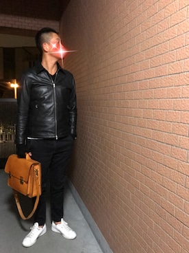 「寒い」｜「アイテム（ライダースジャケット）」を使った、rintosaku &  8さん（メンズ・180cm）の冬コーディネート