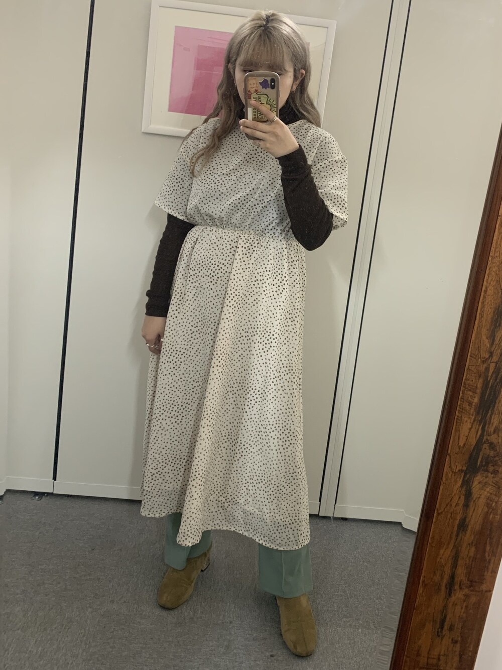 「カジュアルコーデ、プチプラ、ミントグリーン、セミフレアパンツ、レオパード、ワンピース、タートルネック、オリジナル、マイデザイン、RETRO GIRL」｜「my design❤︎のアイテム（ワンピース/ドレス、ホワイト系）」を使った、 𝐦❂𝐞さん（レディース・157cm）の冬コーディネートの1枚目の写真