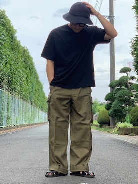 「COMOLI（コモリ）のアイテム（帽子）」を使った、KUROさん（メンズ・163cm）の夏コーディネート