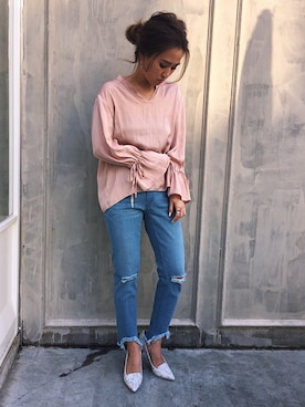 「アイテム（シャツ/ブラウス、ピンク系）」を使った、ishida_meiさん（レディース・155cm）の冬コーディネート