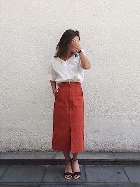 「アイテム（スカート、オレンジ系）」を使った、ishida_meiさん（レディース・155cm）の夏コーディネート