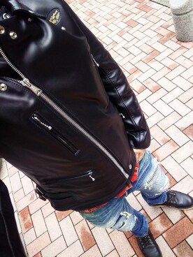 「クラッシュデニム」｜「アイテム（ライダースジャケット）」を使った、ひでさん（メンズ・176cm）の冬コーディネート