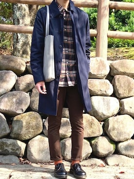 「フランネルシャツ」｜「アイテム（ステンカラーコート）」を使った、ノエル（40代お洒落コーデ）さん（メンズ・178cm）の秋コーディネート