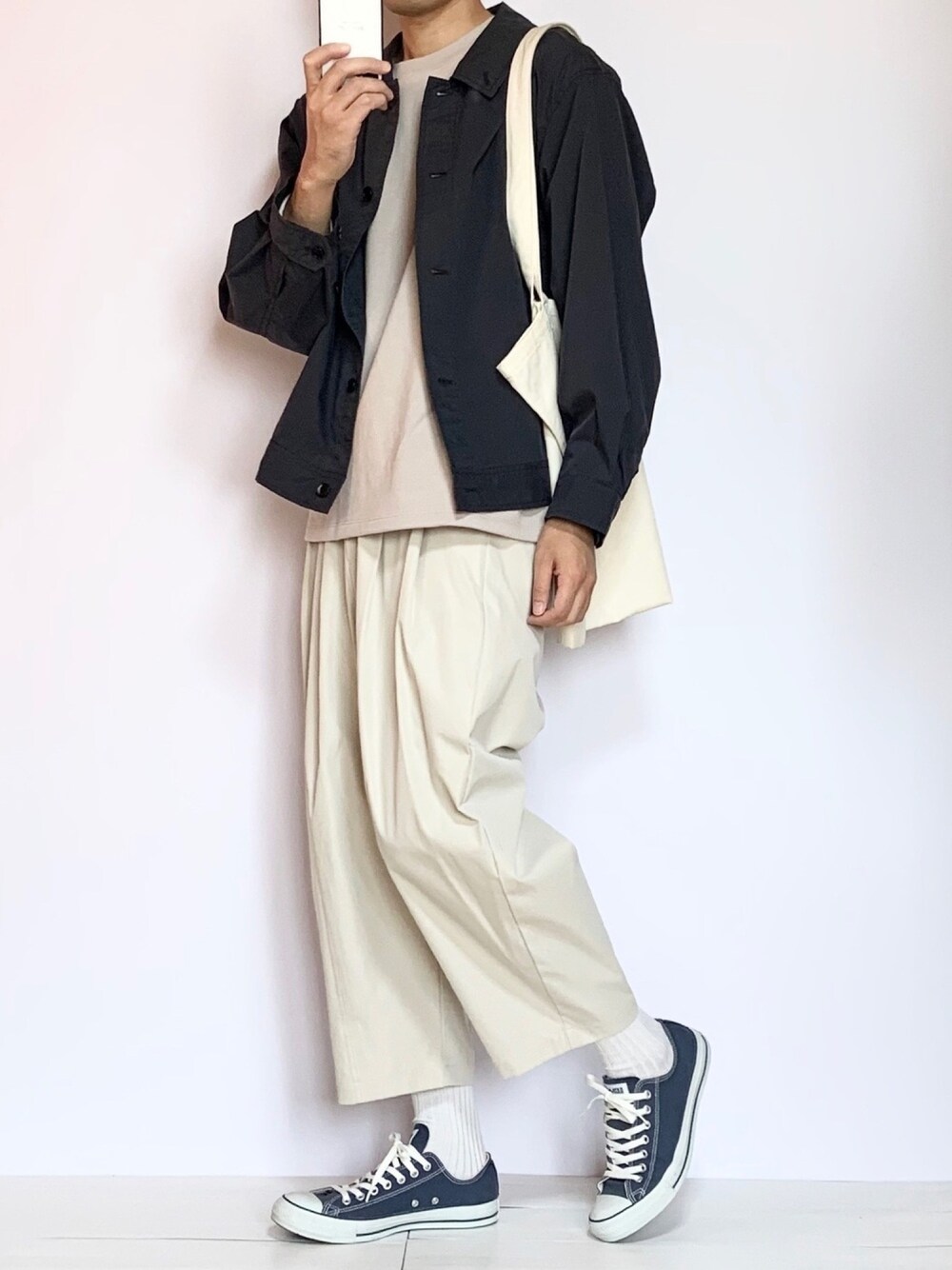 「秋服準備はじめました、Steven Alan、ジャケット、ブルゾン、remer、ワイドパンツ、HARE、秋のコーデ、コンバース、MHL.」｜「Steven Alanの＜Steven Alan＞ TC TYPEWRITER DARUMA DRZLR JACKET/ブルゾン（ブルゾン、グレー系）」を使った、ノエル（40代お洒落コーデ）さん（メンズ・180cm）の秋コーディネートの1枚目の写真