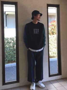 「HUF（ハフ）のアイテム（スウェット）」を使った、matyyyさん（メンズ・184cm）の春コーディネート