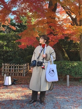 「パイピングコート」｜「アイテム（ハンドバッグ）」を使った、®️inaさん（レディース・159cm）の秋コーディネート