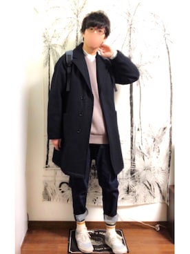 「Steven Alan」｜「アイテム（チェスターコート）」を使った、りょとさん（メンズ・168cm）の冬コーディネート