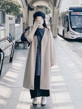 「GU（ジーユー）のアイテム（ノーカラーコート）」を使った、ʜᴀɴɴɴさん（レディース・159cm）の春コーディネート