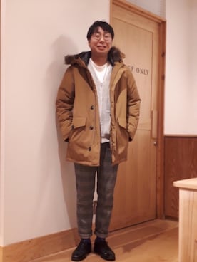 「グレンチェック」｜「アイテム（ダウンジャケット/コート）」を使った、coen アベさん（メンズ・175cm）の冬コーディネート