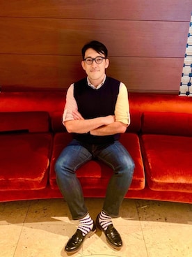 「アイテム（ベスト、ブルー系）」を使った、Drop kickさん（メンズ・180cm）の冬コーディネート