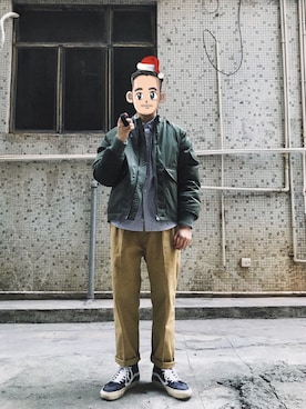 「緑」｜「アイテム（その他アウター）」を使った、21zhangさん（メンズ・165cm）の冬コーディネート