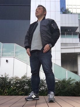 「ポチャメン」｜「アイテム（MA-1）」を使った、HIROFUMIさん（メンズ・166cm）の冬コーディネート