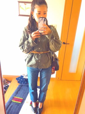 「GLOBAL WORK（グローバルワーク）のバックリボンシャツ長袖/763876（シャツ/ブラウス）」を使った、saki︎☺︎❤︎さん（レディース・158cm）の春コーディネート