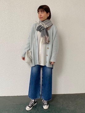 「アイテム（ストール/ショール、ホワイト系）」を使った、川添（kawazoe）さん（レディース・158cm）の冬コーディネート