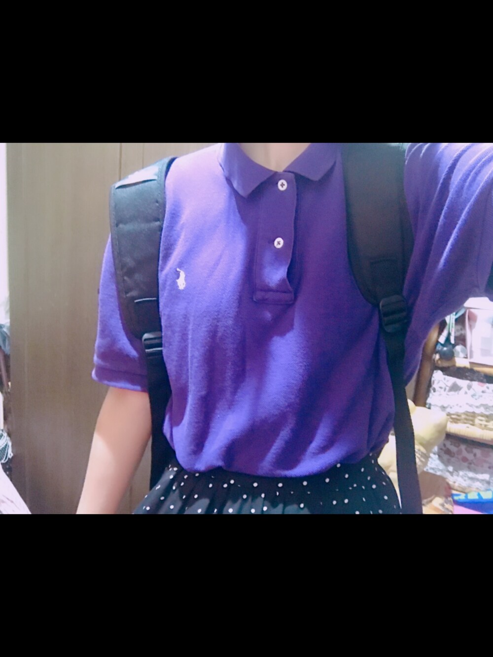 「カジュアル、秋コーデ、シンプル、プチプラコーデ、スニーカー、ロングスカート、ドット、ポロシャツ、古着、GU」｜「POLO RALPH LAURENのPolo Ralph Lauren - ロゴ刺繍 ポロシャツ - men - コットン - XL（ポロシャツ、パープル系）」を使った、ma❤︎さん（レディース・154cm）の秋コーディネートの1枚目の写真