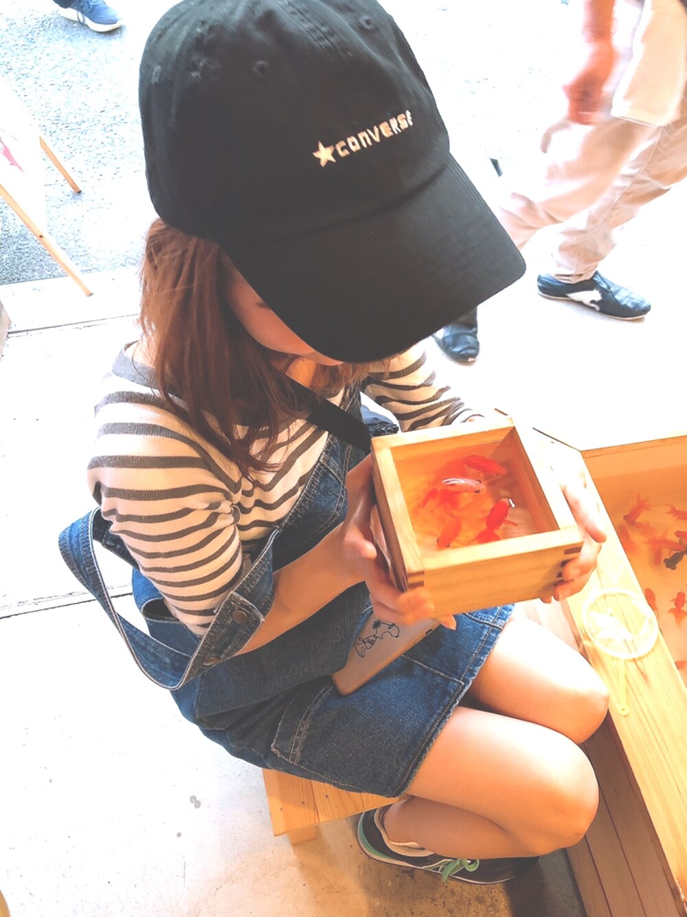 「カジュアル、シンプル、デニム、ボーダー、キャップ、スニーカー、韓国ファッション、プチプラ、夏」｜「CONVERSEの∴WEGO/CONVERSE LOWキャップ（キャップ、ブラック系）」を使った、ma❤︎さん（レディース・154cm）の秋コーディネートの1枚目の写真