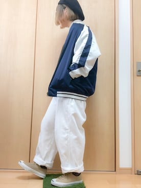 「ネイビー×ホワイト」｜「アイテム（その他アウター）」を使った、aosukeさん（レディース・152cm）の春コーディネート