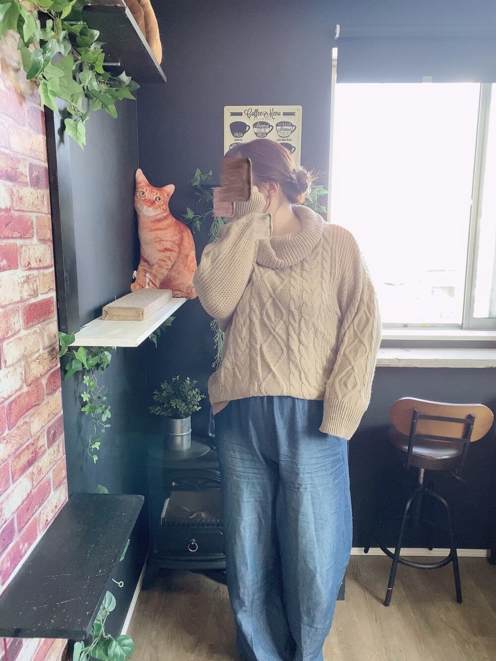 「秋コーデ、ゆるだぼ、でぶだぼ、ぽっちゃり、ぽっちゃりコーデ、かんざし、ざっくりニット、ニット」｜「classicalelfのテンセルデニム無地ワイドパンツ(フルレングス)（その他パンツ、ブルー系）」を使った、mayumoさん（レディース・168cm）の秋コーディネートの1枚目の写真