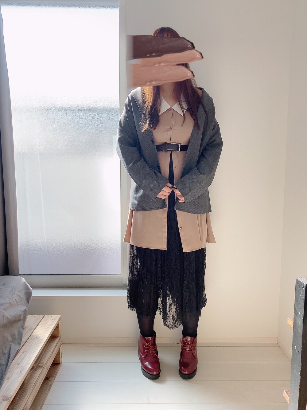 「ぽっちゃり、ぽっちゃりコーデ、でぶだぼ、ゆるだぼ、テーラードジャケット、甘辛mix、GU」｜「GUのアイテム（テーラードジャケット、グレー系）」を使った、mayumoさん（レディース・168cm）の秋コーディネートの1枚目の写真