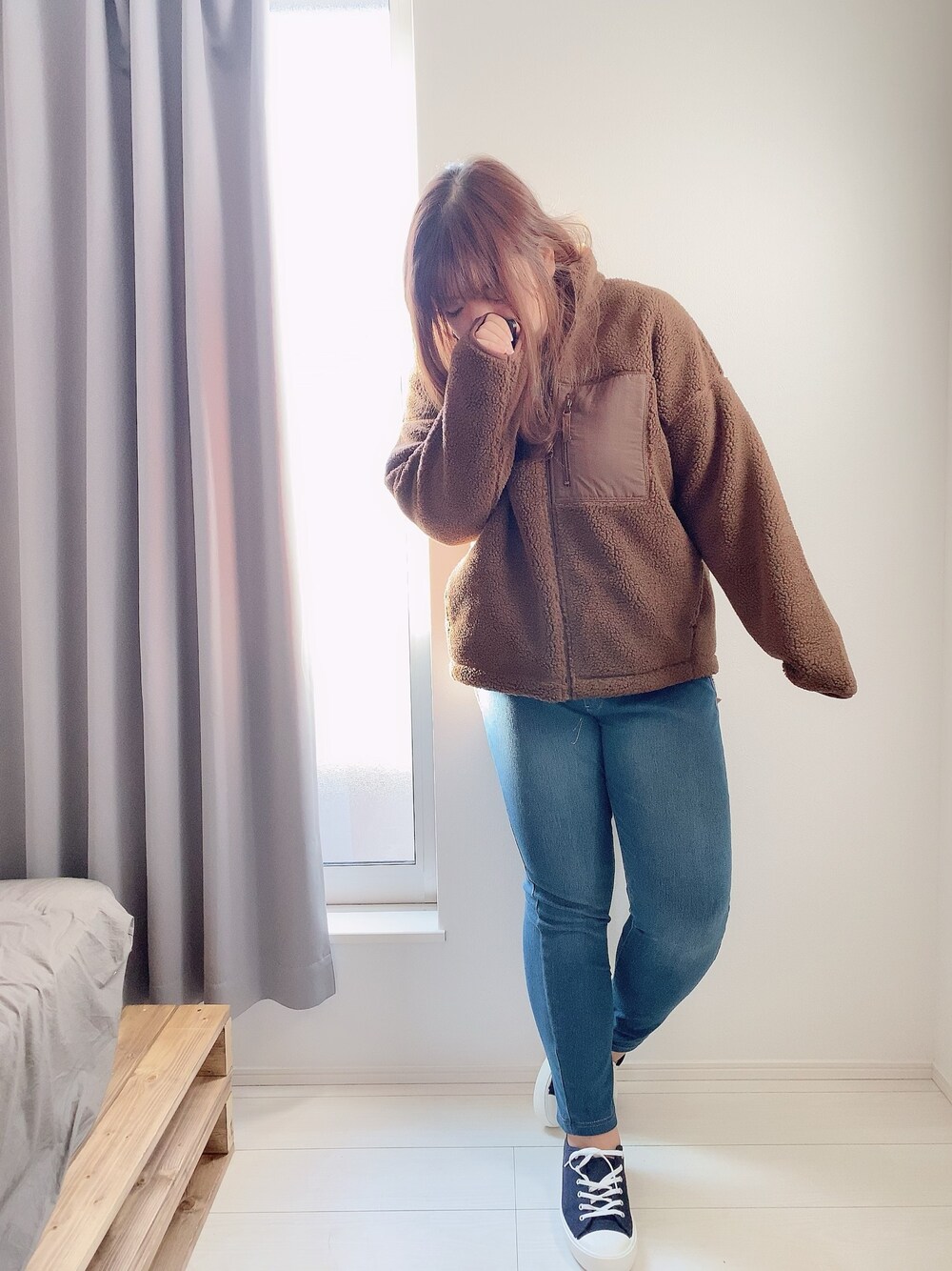 「ボアブルゾン、ボアジャケット、ボア、ぽっちゃり、ぽっちゃりコーデ、ゆるだぼ、でぶだぼ」｜「GUのアイテム（ブルゾン、ブラウン系）」を使った、mayumoさん（レディース・168cm）の秋コーディネートの1枚目の写真