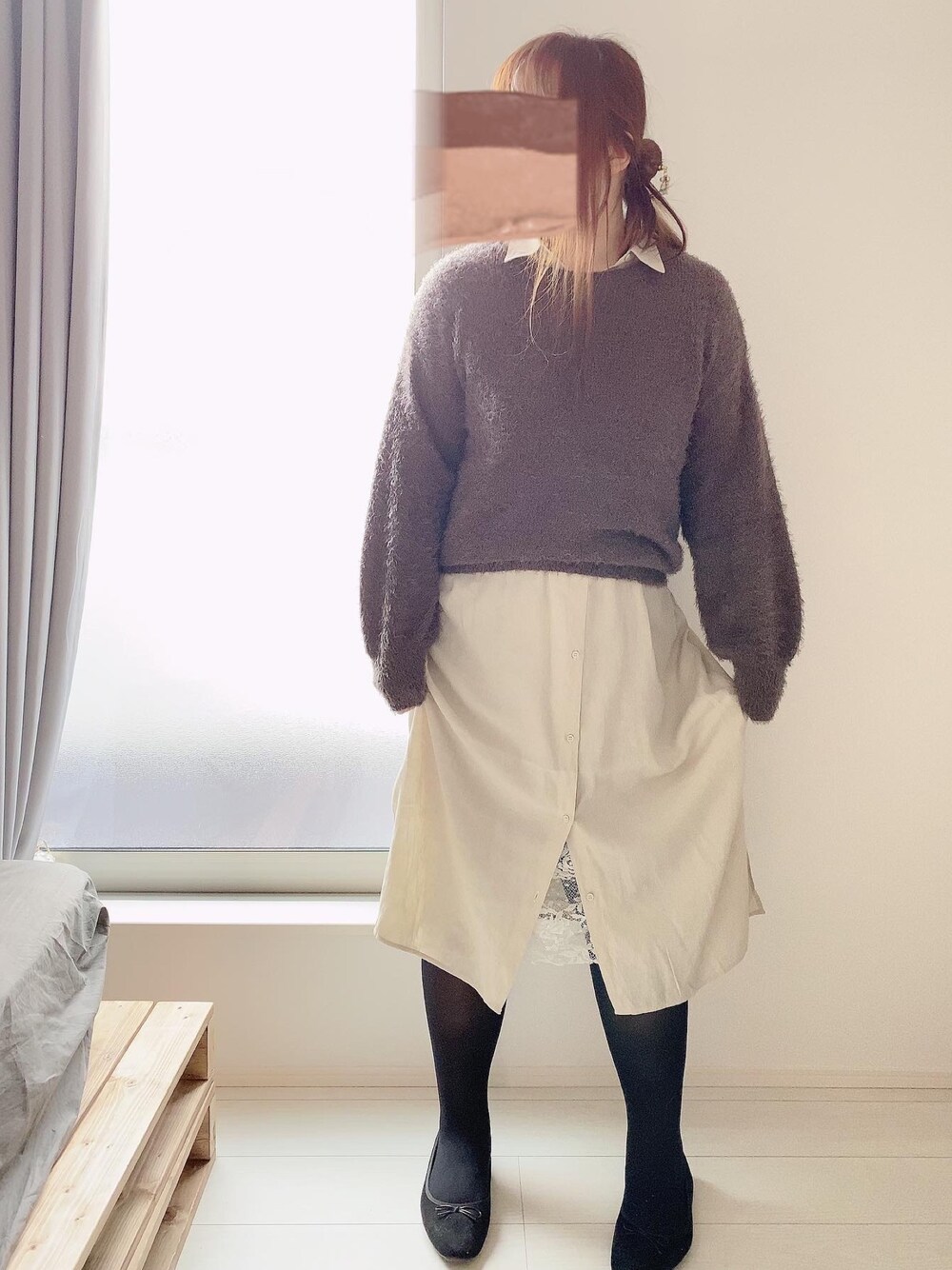 「フェザーヤーンパフスリーブセーター、ニット、シャツワンピース、GU、ぽっちゃり、ぽっちゃりコーデ、でぶだぼ、簪、かんざし」｜「GUのアイテム（ニット/セーター、ブラウン系）」を使った、mayumoさん（レディース・168cm）の秋コーディネートの1枚目の写真