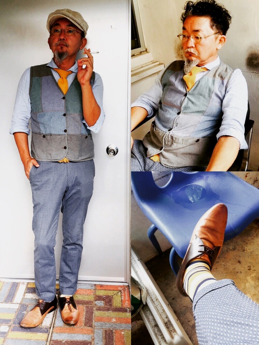「hantingcap、yellowtie、vest、dotpants、clarks、今治タオル、middleage、Gentleman」｜「imabariのアイテム（ネクタイ、イエロー系）」を使った、mac0cciさん（メンズ・169cm）の夏コーディネートの1枚目の写真