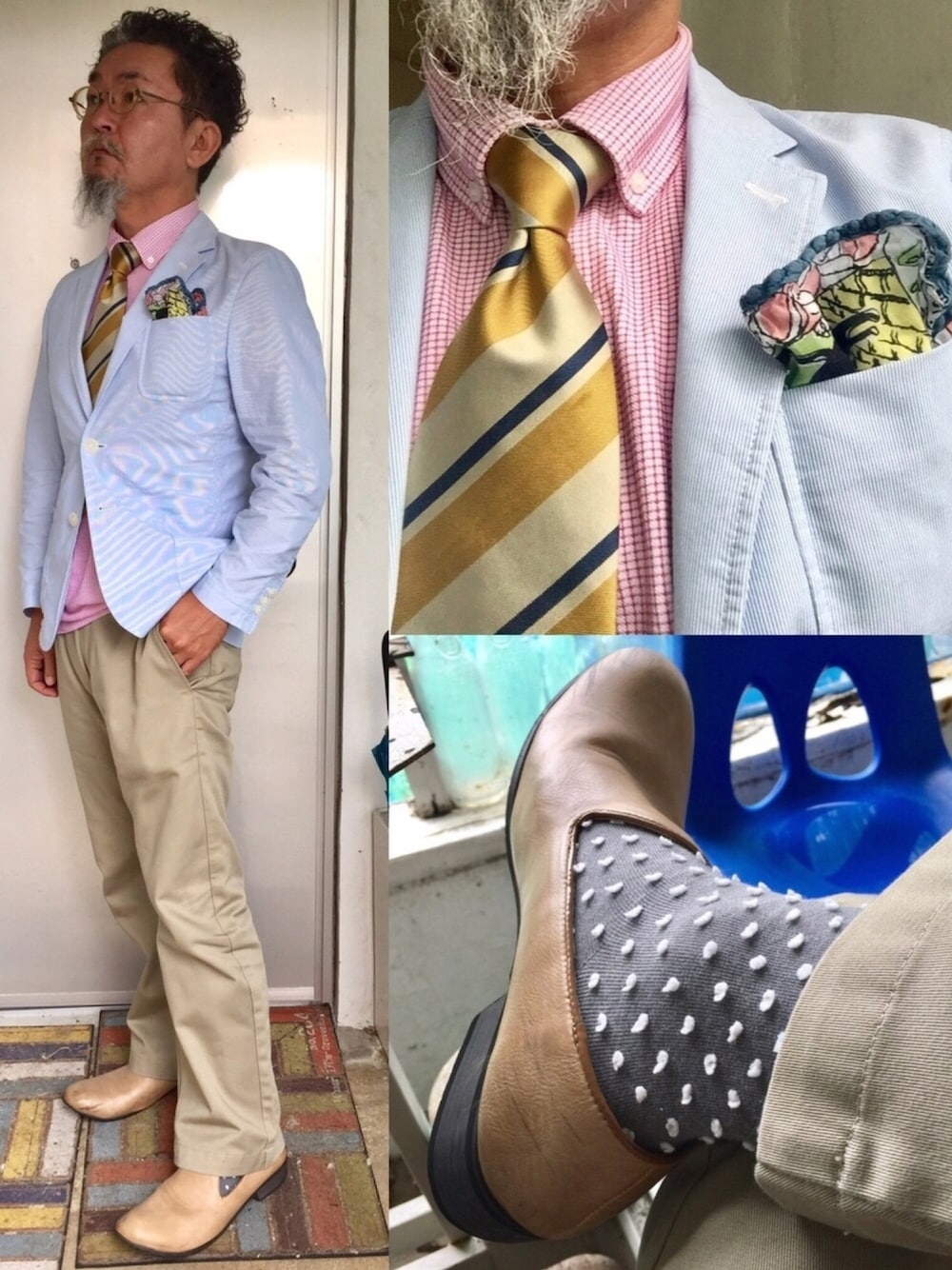 「middleage、Gentleman、Dickies、summer、frontandback」｜「DickiesのTCツイルWD874ワークパンツ2年ビンテージ加工（チノパンツ、ベージュ系）」を使った、mac0cciさん（メンズ・169cm）の夏コーディネートの1枚目の写真