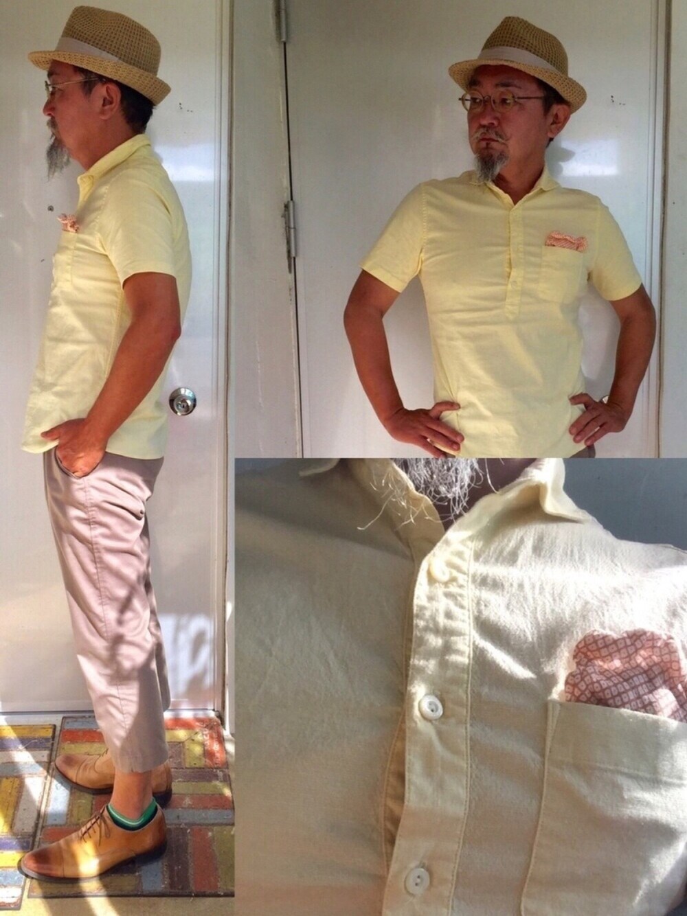 「hat、yellow、cropped、middleage、Gentleman」｜「NANO universeのOne night dry ストレッチPO（シャツ/ブラウス、イエロー系）」を使った、mac0cciさん（メンズ・169cm）の夏コーディネートの1枚目の写真