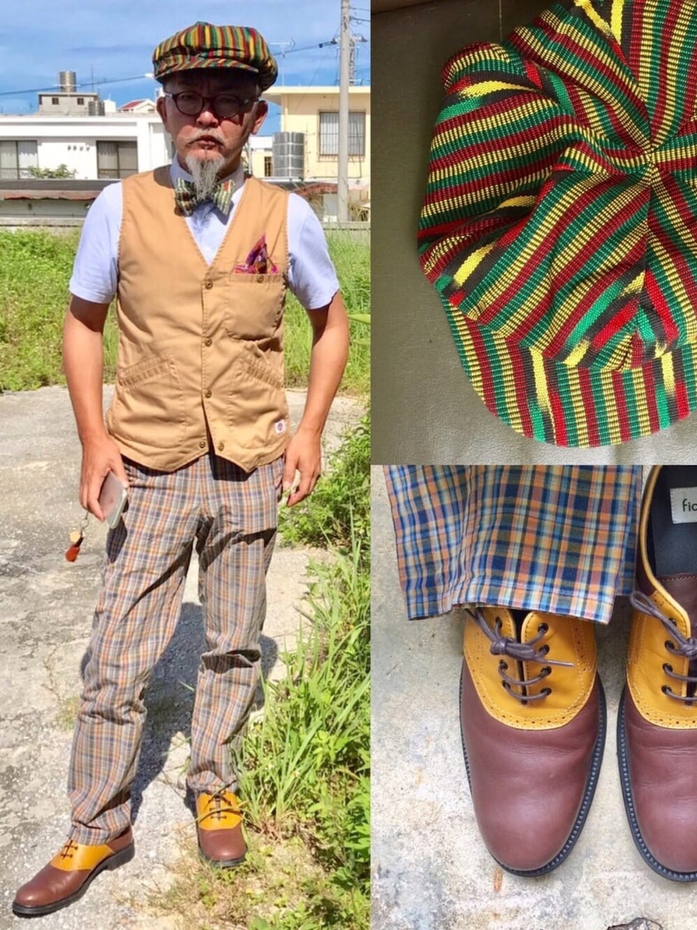 「casquette、BOWTIE、vest、checkpants、saddleshoes、middleage、Gentleman」｜「CHICHIKAKAのアイテム（キャスケット、その他）」を使った、mac0cciさん（メンズ・169cm）の夏コーディネートの1枚目の写真