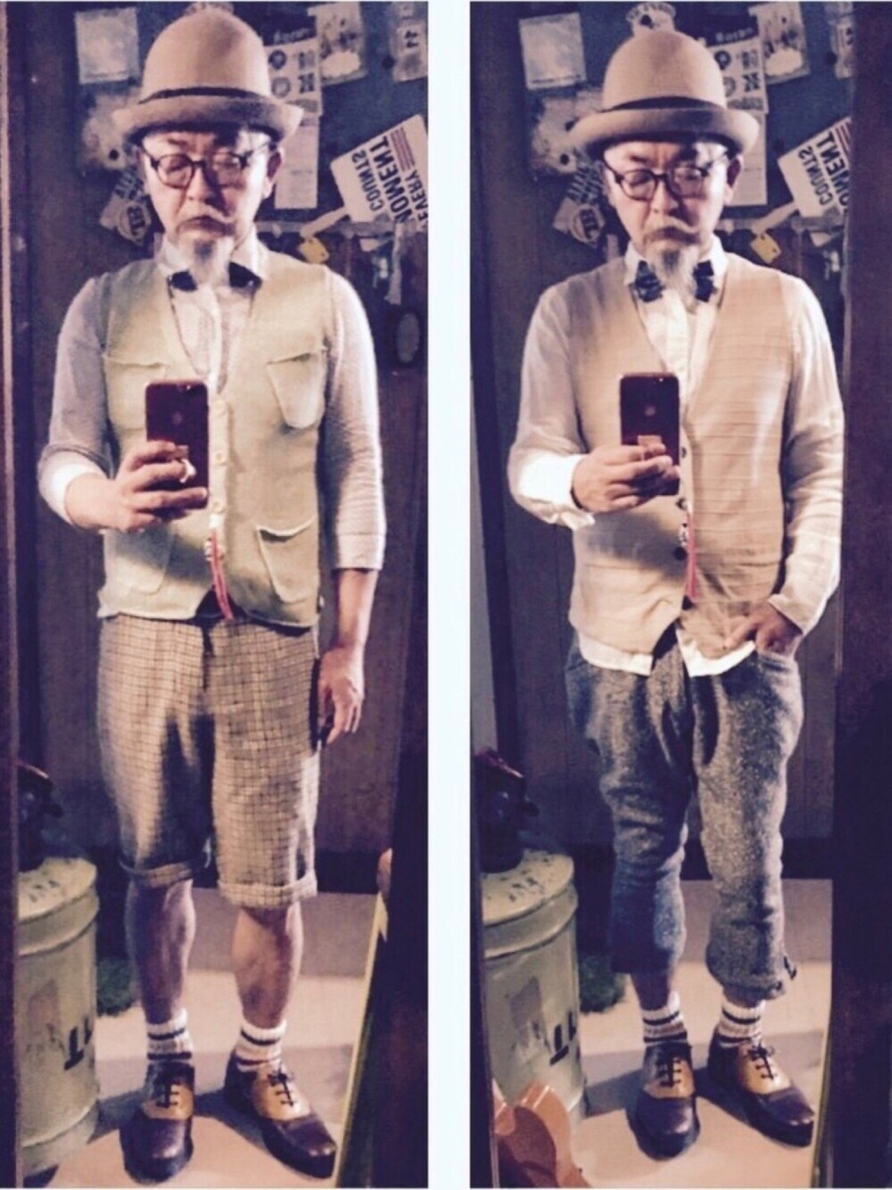 「bowler hat、vest、BOWTIE、shortpants、middleage、Gentleman」｜「GOHEMPのACTIVE BOWLER HAT（ハット、ベージュ系）」を使った、mac0cciさん（メンズ・169cm）の冬コーディネートの1枚目の写真