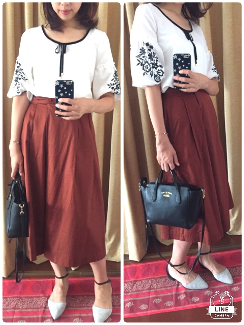 「ランチ、ママコーデ」｜「JILL by JILL STUARTのPUFF EMBROIDERY BL（シャツ/ブラウス、ホワイト系）」を使った、Aiyuさん（レディース・161cm）の秋コーディネートの1枚目の写真