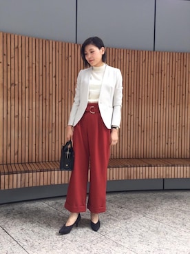 「ペールトーン」｜「アイテム（ノーカラージャケット）」を使った、KAHO SUZUKIさん（レディース・166cm）の秋コーディネート