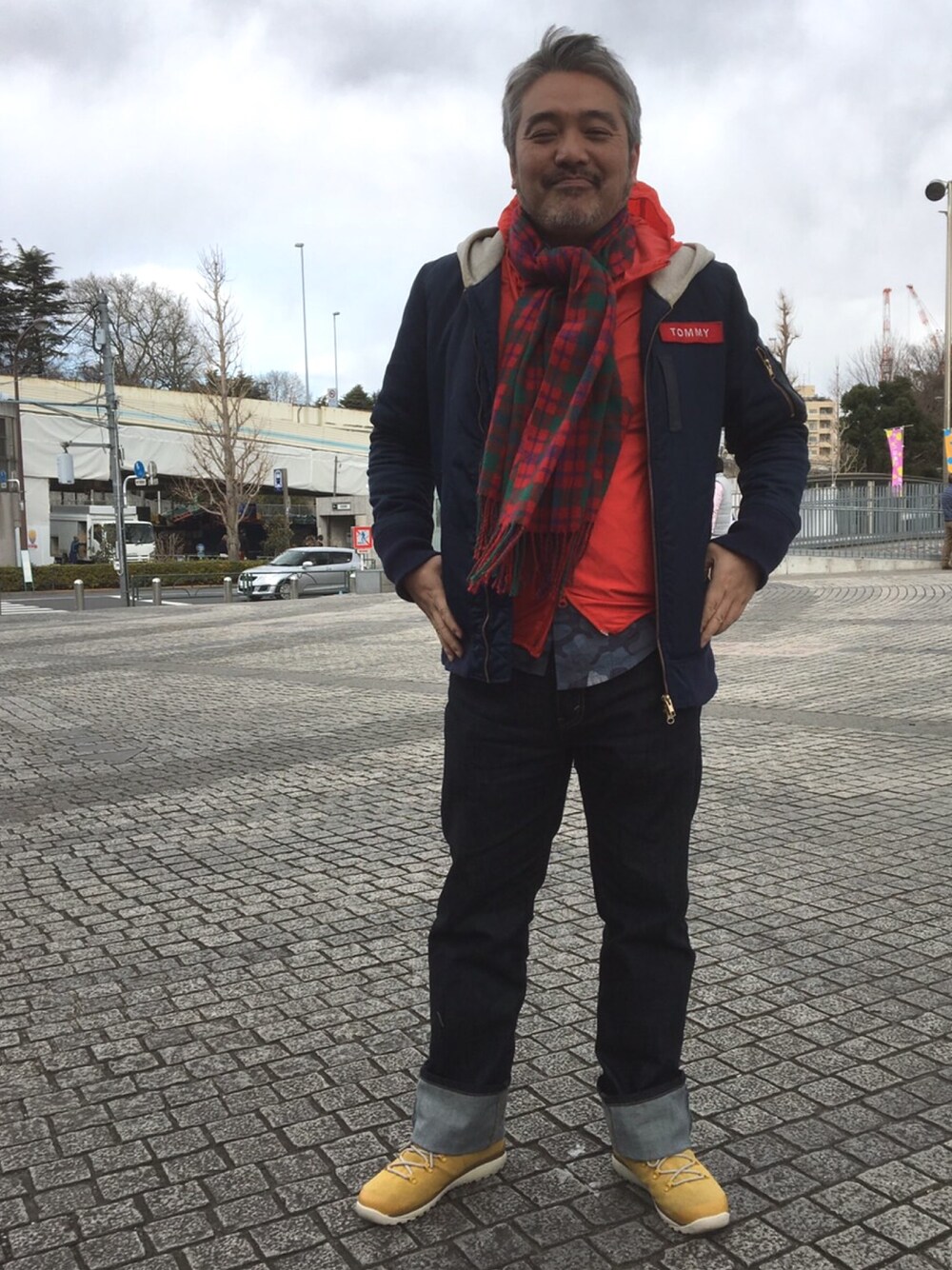 「Mr.Babe、デブでもオシャレ、ポチャイリッシュ、ポチャメン、代々木体育館」｜「TOMMYのBROOKHAVEN MA-1（ナイロンジャケット、ブルー系）」を使った、スエさん（メンズ・173cm）の春コーディネートの1枚目の写真