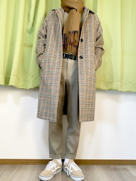 「スラックスパンツ」｜「アイテム（ステンカラーコート）」を使った、カブシキ《相互》さん（メンズ・165cm）の冬コーディネート