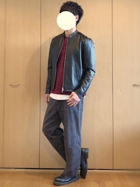 「ベロア」｜「アイテム（ライダースジャケット）」を使った、ざっきーさん（メンズ・178cm）の秋コーディネート