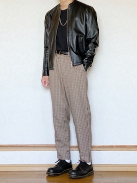 「チェック柄に恋してる」｜「アイテム（ライダースジャケット）」を使った、ざっきーさん（メンズ・178cm）の秋コーディネート