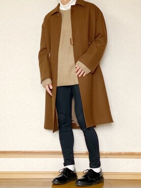 「CULLNI（クルニ）のアイテム（ステンカラーコート）」を使った、ざっきーさん（メンズ・178cm）の冬コーディネート