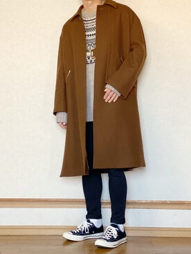 「CULLNI（クルニ）のアイテム（ステンカラーコート）」を使った、ざっきーさん（メンズ・178cm）の冬コーディネート