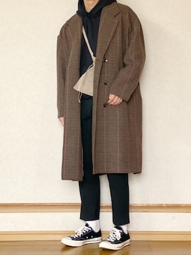 「kutir（クティール）のアイテム（チェスターコート）」を使った、ざっきーさん（メンズ・178cm）の冬コーディネート