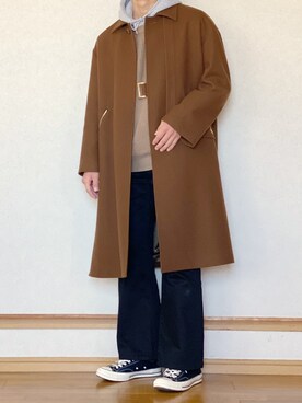 「CULLNI（クルニ）のアイテム（ステンカラーコート）」を使った、ざっきーさん（メンズ・178cm）の冬コーディネート