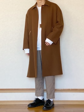 「CULLNI（クルニ）のアイテム（ステンカラーコート）」を使った、ざっきーさん（メンズ・178cm）の冬コーディネート