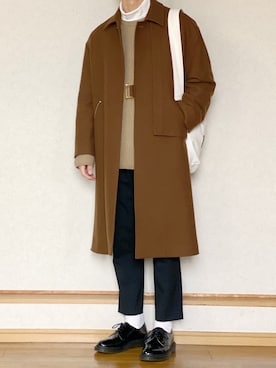 「CULLNI（クルニ）のアイテム（ステンカラーコート）」を使った、ざっきーさん（メンズ・178cm）の冬コーディネート