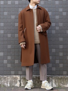 「CULLNI（クルニ）のアイテム（ステンカラーコート）」を使った、ざっきーさん（メンズ・178cm）の冬コーディネート