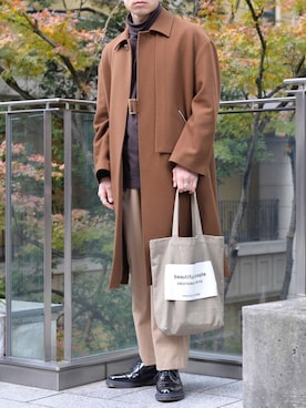 「CULLNI（クルニ）のアイテム（ステンカラーコート）」を使った、ざっきーさん（メンズ・178cm）の冬コーディネート