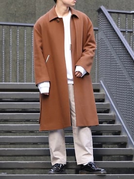 「CULLNI（クルニ）のアイテム（ステンカラーコート）」を使った、ざっきーさん（メンズ・178cm）の冬コーディネート